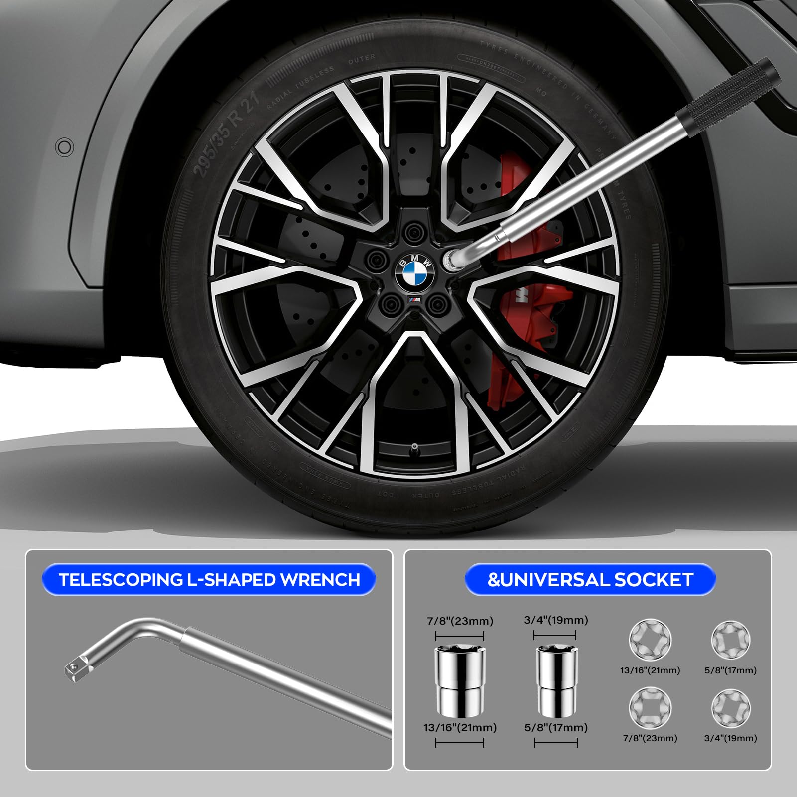 IMAYCC jack in use under BMW sedan showing correct lift and clearance