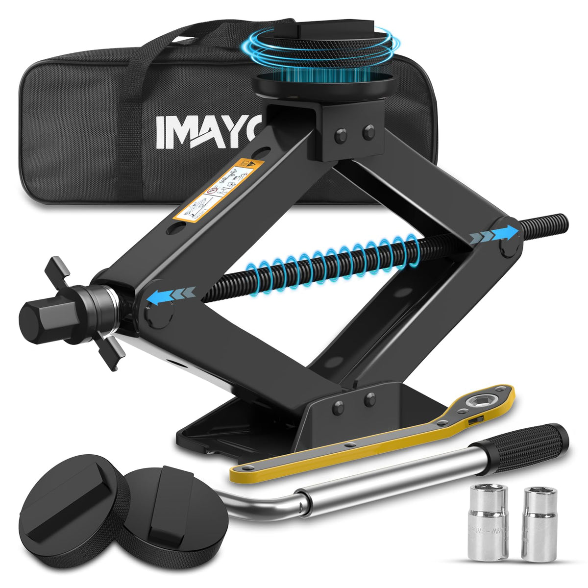 IMAYCC scissor jack front view showing compact design and stability