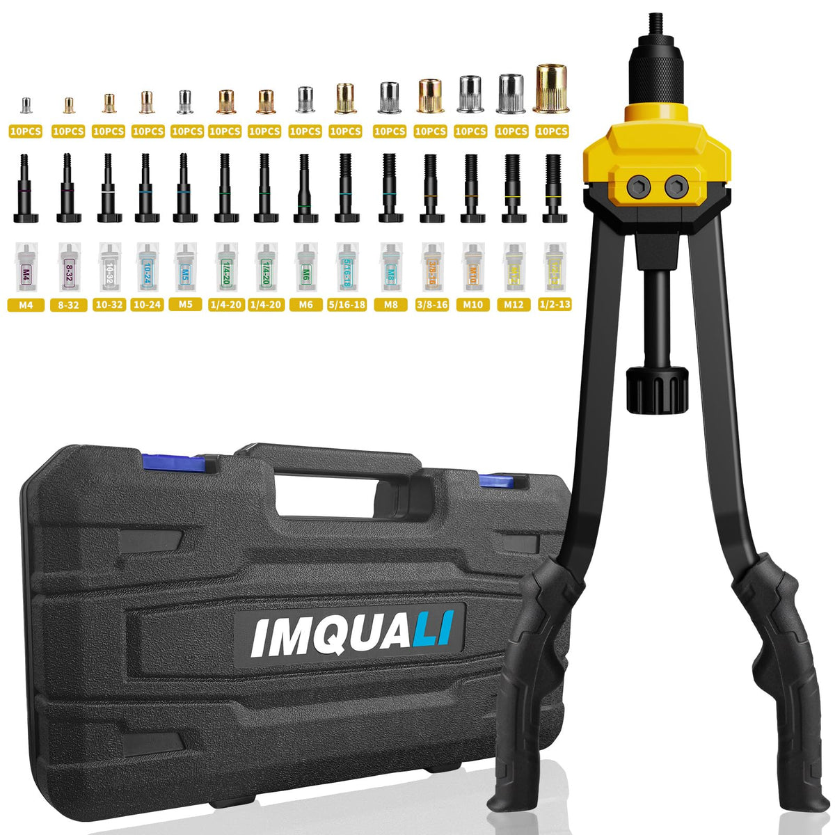 IMQUALI front view of full rivet nut tool kit showing contents and portability