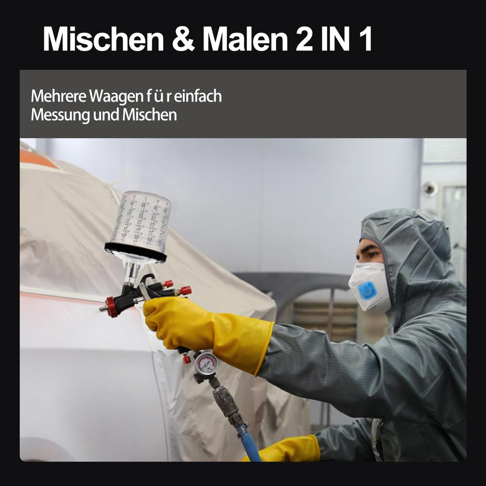 IMSTMTER liner beside spray gun showing compact 200ml capacity and scale
