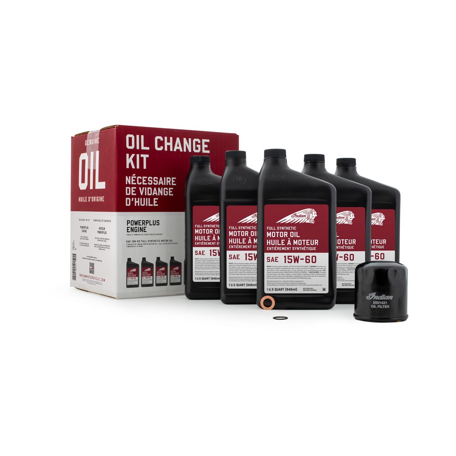 Indian Motorcycle kit front packaging showing complete oil change gear and convenience