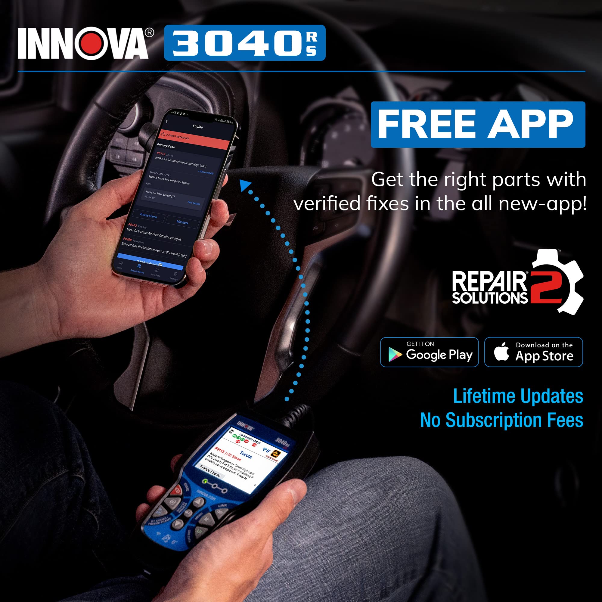 Innova 3040RS screen showing mechanic-recommended fixes and parts to plan repairs