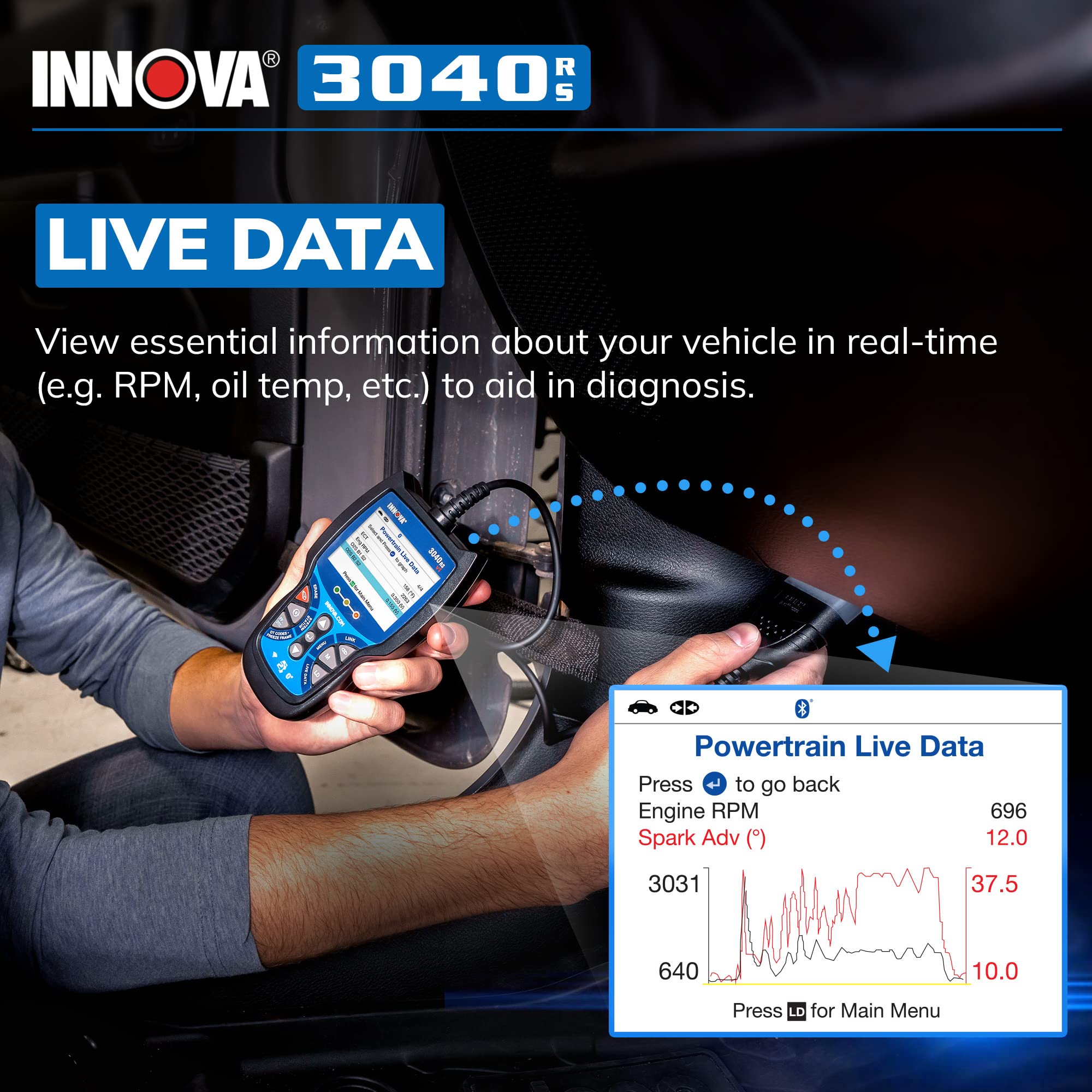 Innova 3040RS plugged into car OBD2 port while scanning to speed troubleshooting