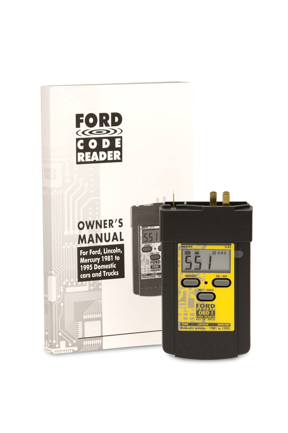 Innova 3145 packaging and manual laid out to show included Ford OBD1 instructions