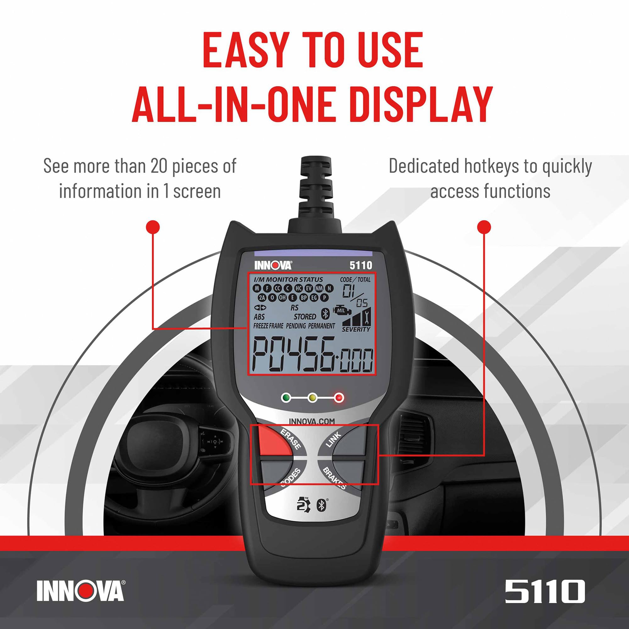 Innova 5110 plugged into vehicle OBD2 port demonstrating simple one-plug connection