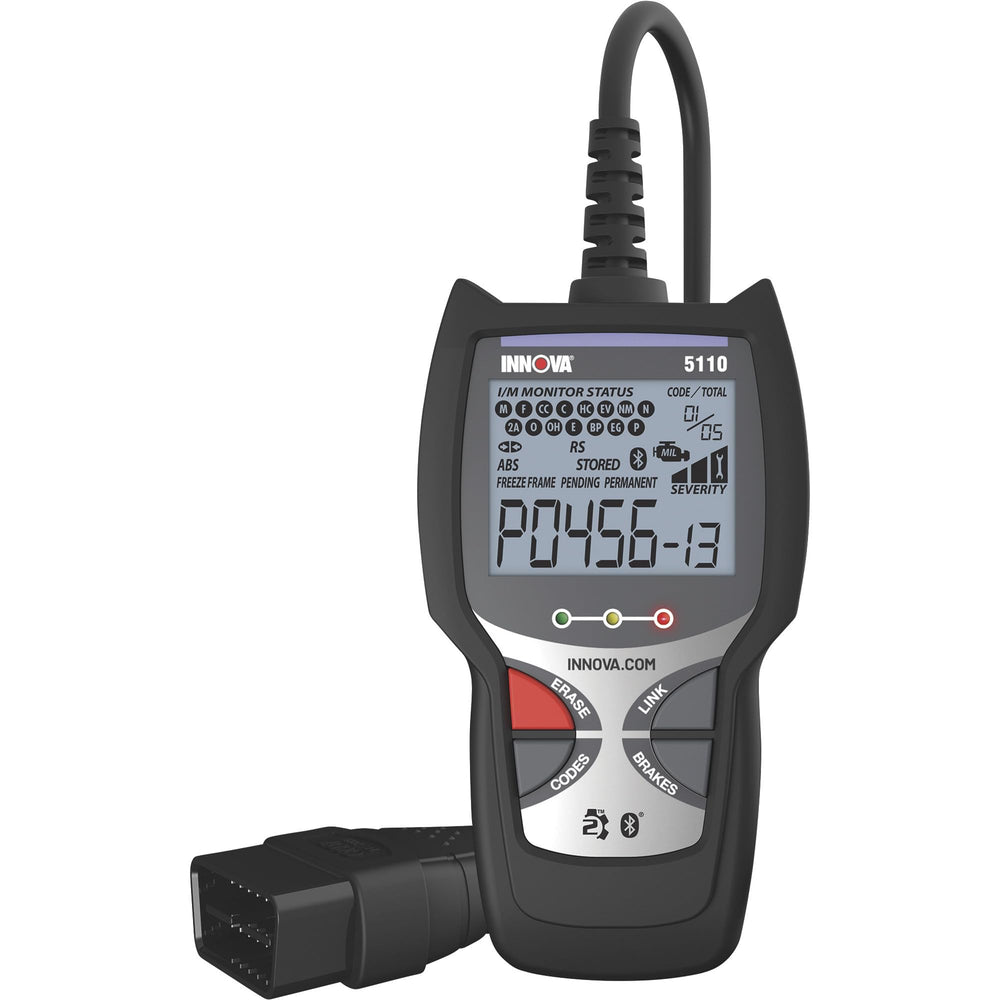 Innova 5110 paired with RepairSolutions2 app offering code explanations and repair steps