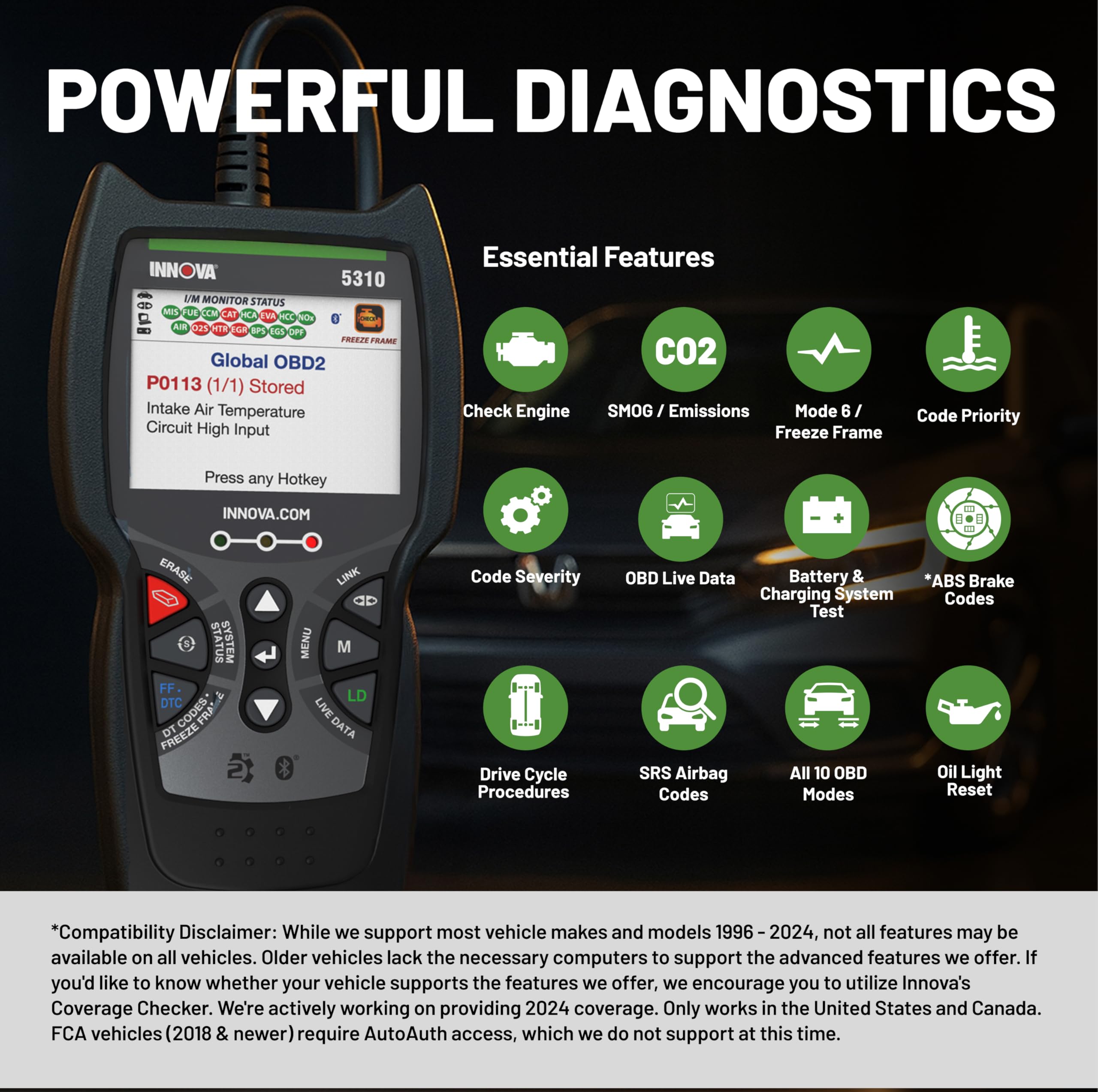 Innova 5310 screen showing ABS and SRS fault codes for targeted troubleshooting