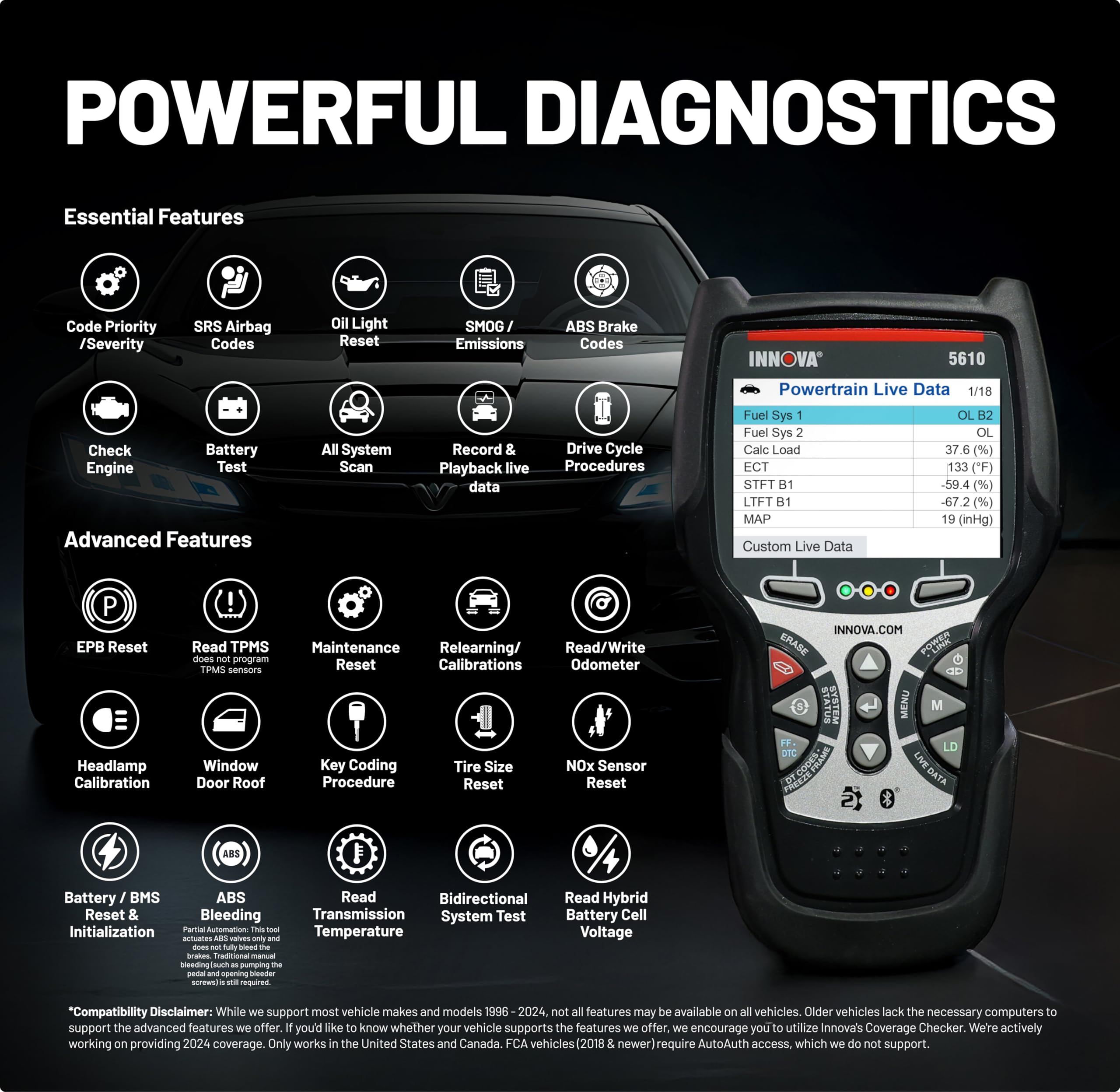 Innova 5610 plugged into car OBD2 port verifying in-vehicle diagnostics