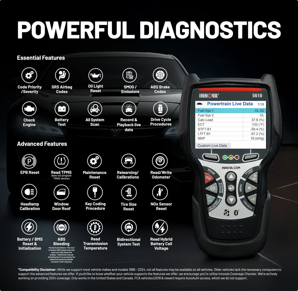 Innova 5610 plugged into car OBD2 port verifying in-vehicle diagnostics