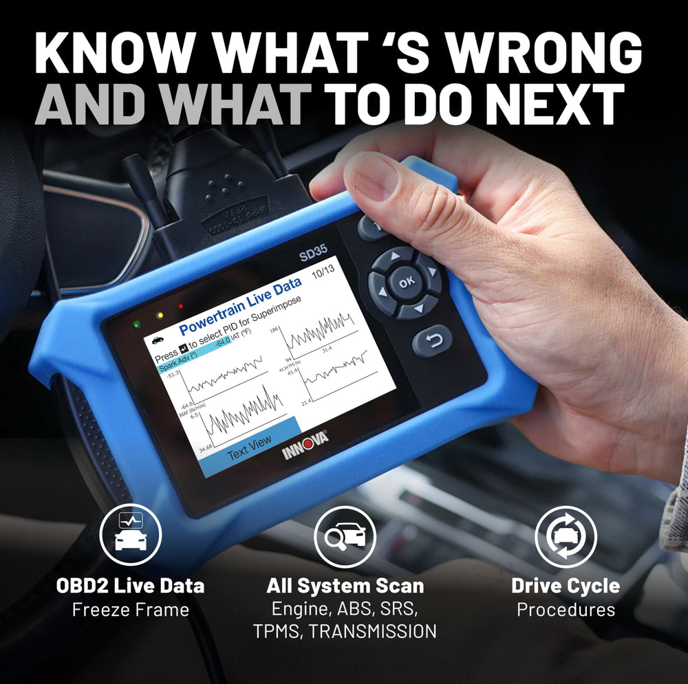 Innova SD35 back connector view highlighting durable OBD2 plug