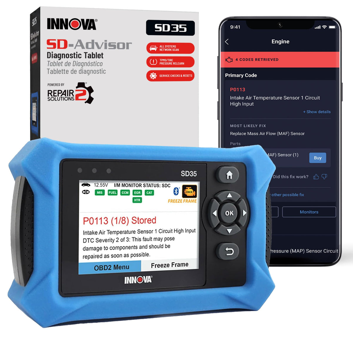 Innova SD35 front tablet display showing diagnostics and easy reading