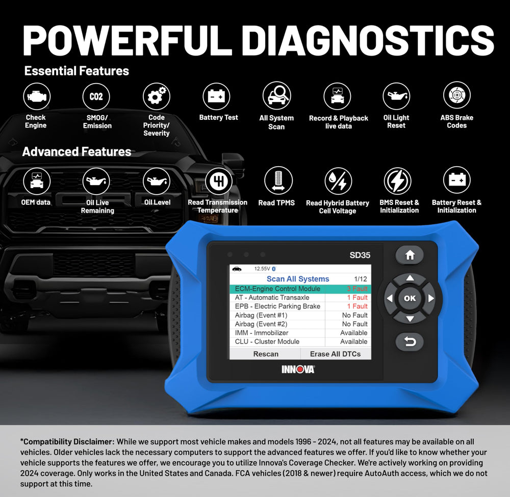 Innova SD35 paired with RepairSolutions2 app for verified repair steps