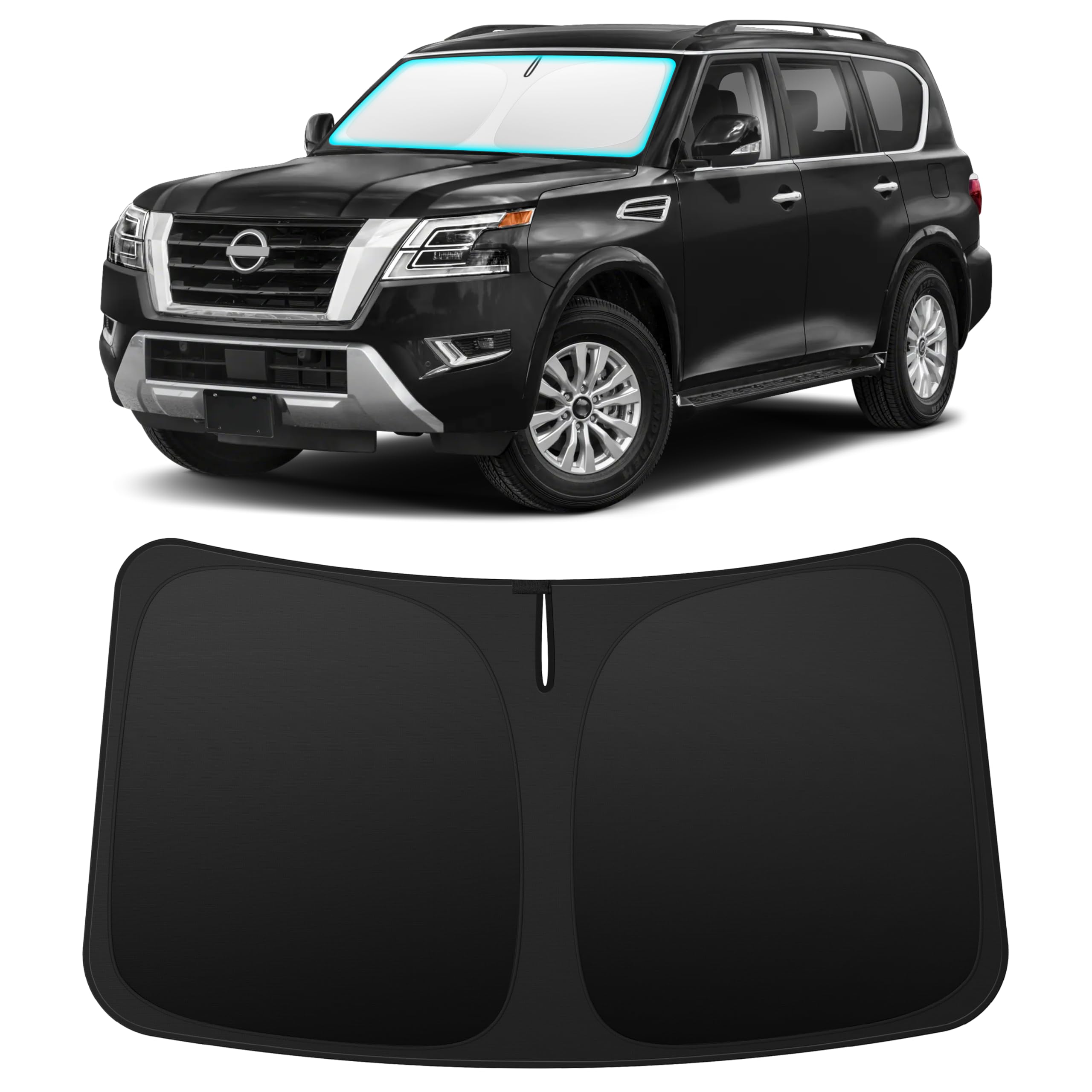 INSAUTO front view of custom Armada shade showing full windshield coverage and protection