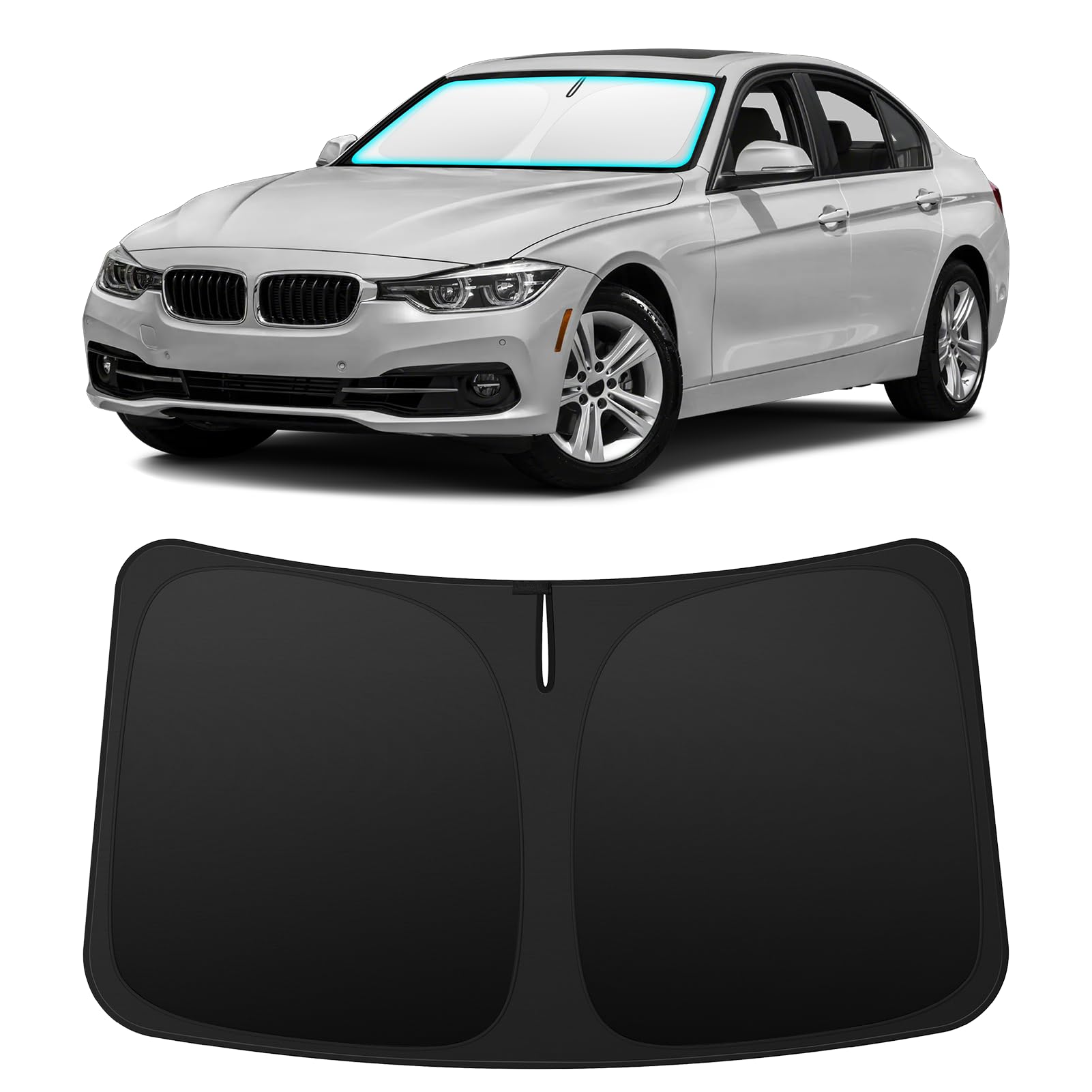 INSAUTO front-view on BMW 3 Series windshield showing full coverage and sun protection