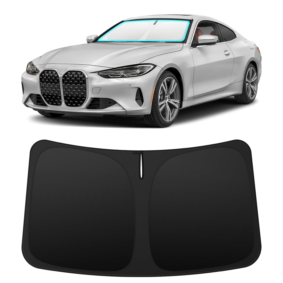 INSAUTO sun shade front view showing precise BMW 4 Series fit and sun blocking benefit