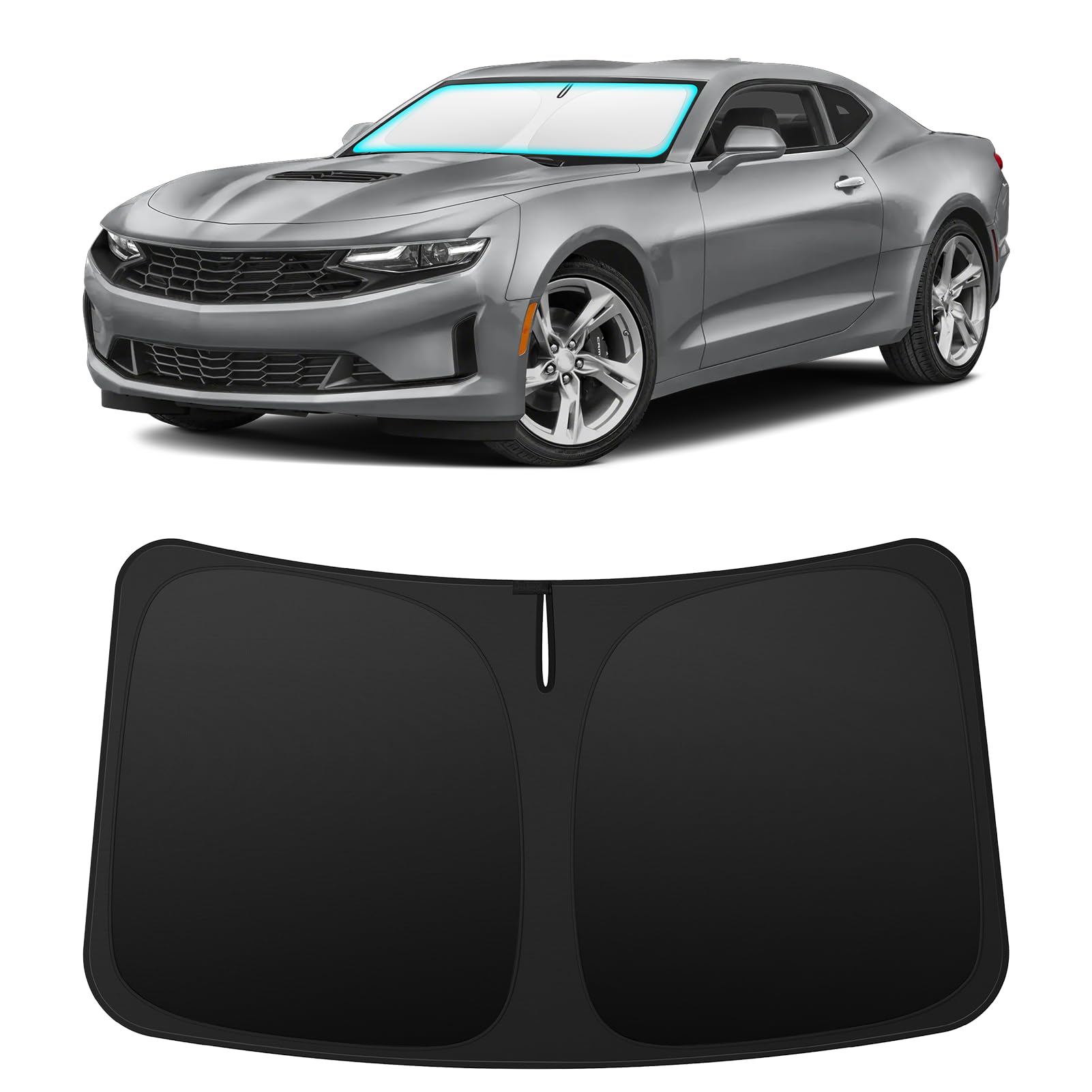 INSAUTO front-view shade installed in Camaro protects interior from heat