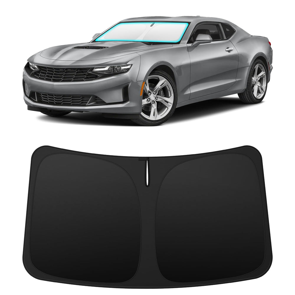 INSAUTO front-view shade installed in Camaro protects interior from heat