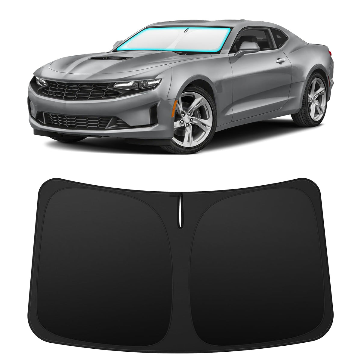 INSAUTO front-view shade installed in Camaro protects interior from heat