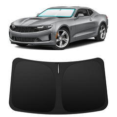 INSAUTO front-view shade installed in Camaro protects interior from heat