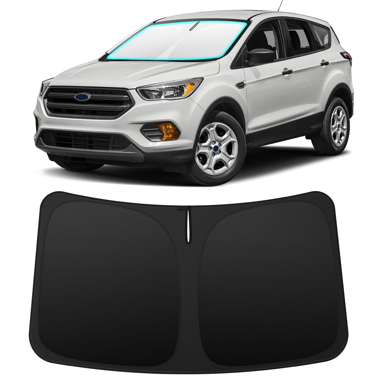 INSAUTO front view of sun shade fitting Ford Escape windshield showing full coverage and protection