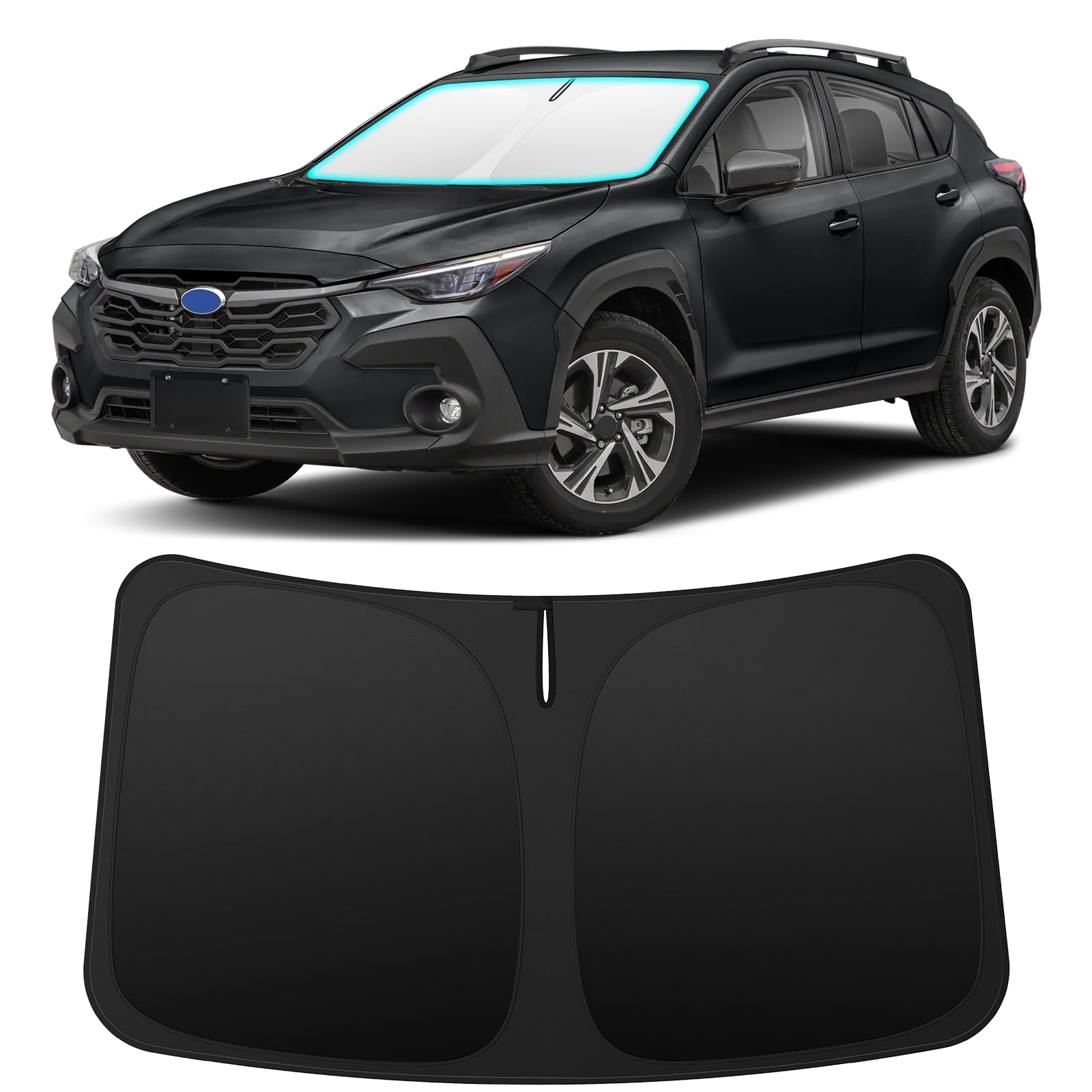 INSAUTO front view of custom-fit shade on Crosstrek windshield showing precise coverage and sun protection