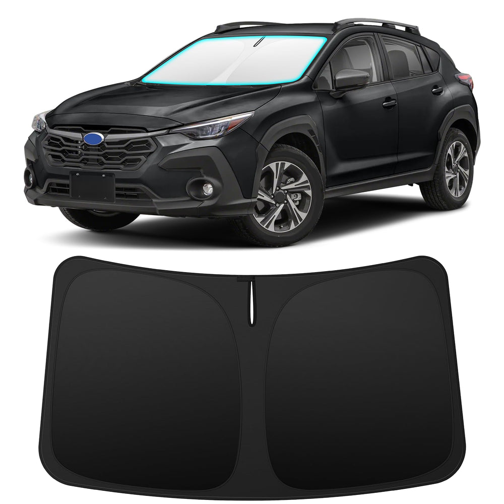 INSAUTO front view of custom-fit shade on Crosstrek windshield showing precise coverage and sun protection