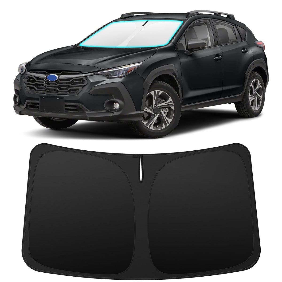 INSAUTO front view of custom-fit shade on Crosstrek windshield showing precise coverage and sun protection