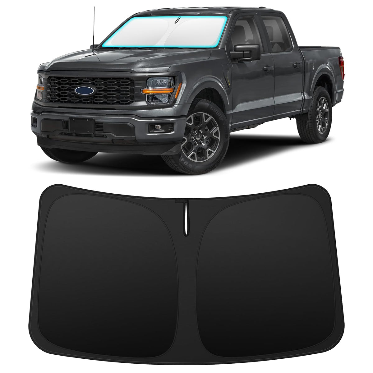 INSAUTO front-fit windshield shade showing precise Ford F150 fit and interior protection
