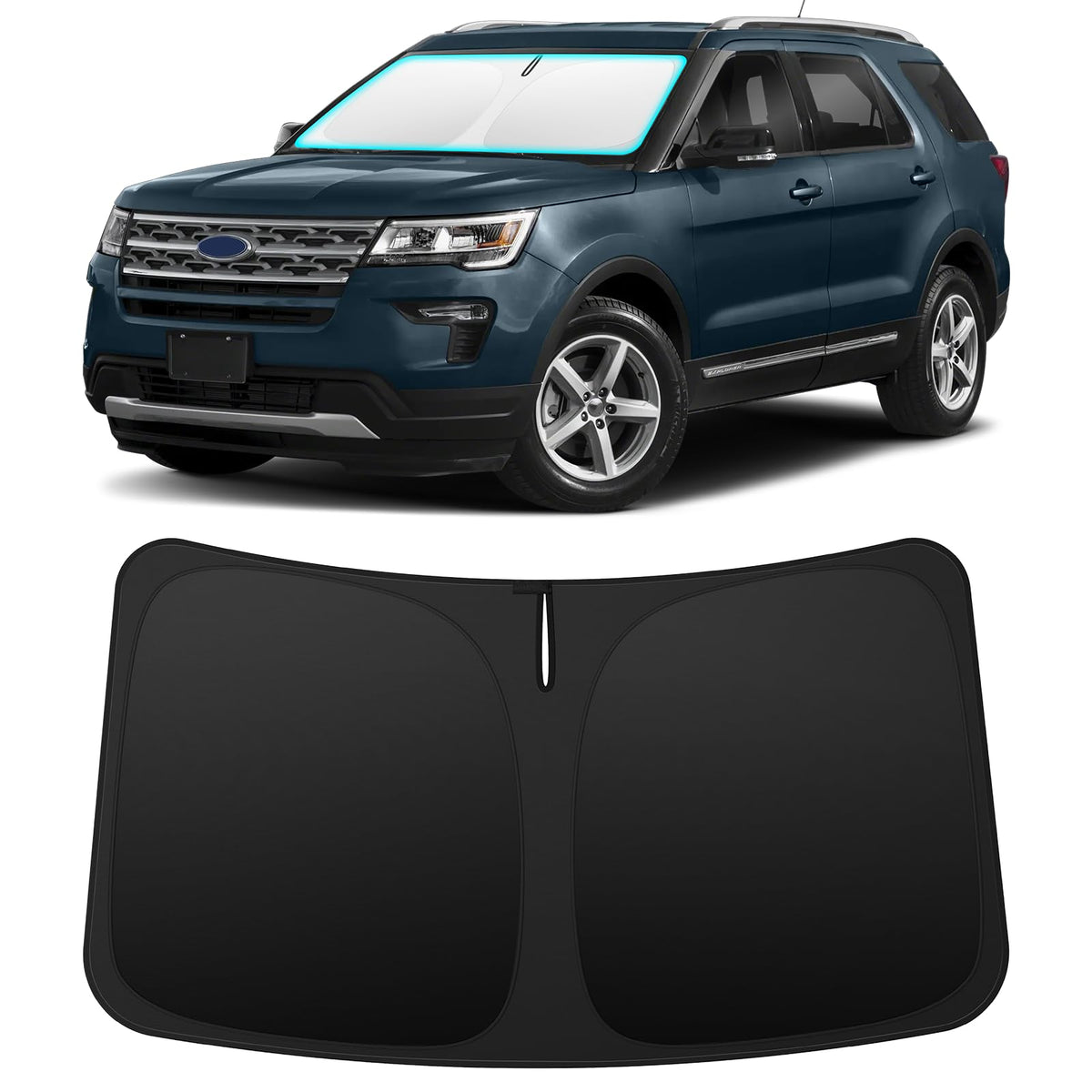 INSAUTO front view of sun shade for Ford Explorer showcasing perfect windshield fit and protection