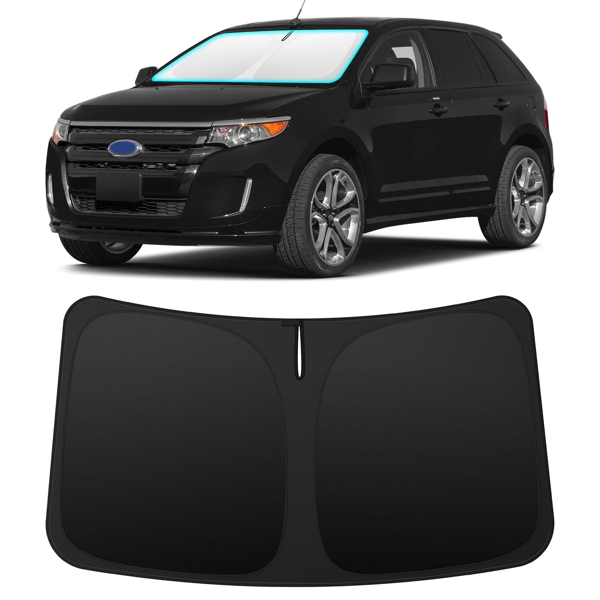 INSAUTO front view of custom-fit sun shade protecting windshield, keeps interior cool
