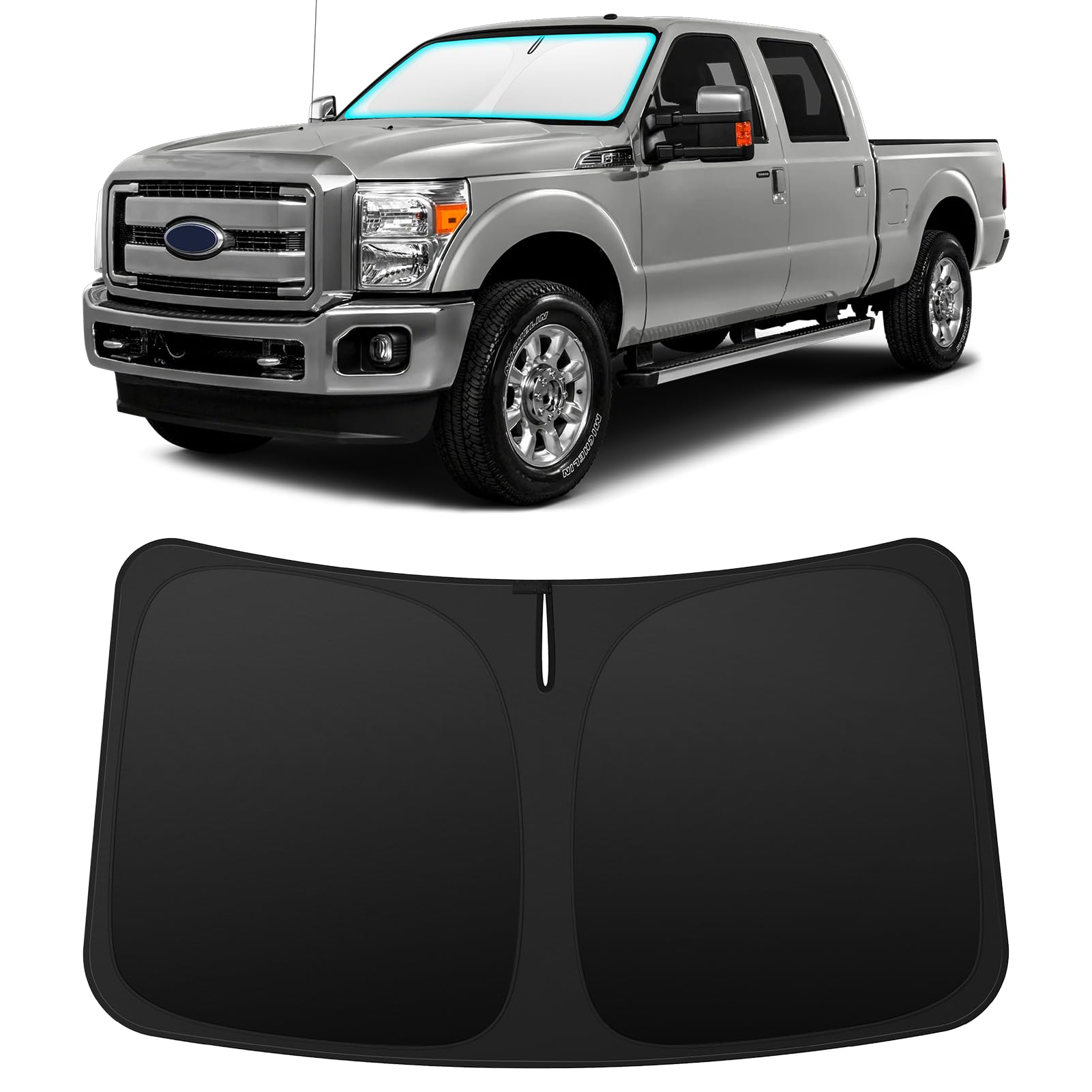 INSAUTO front view of custom-fit shade offering full windshield coverage and protection