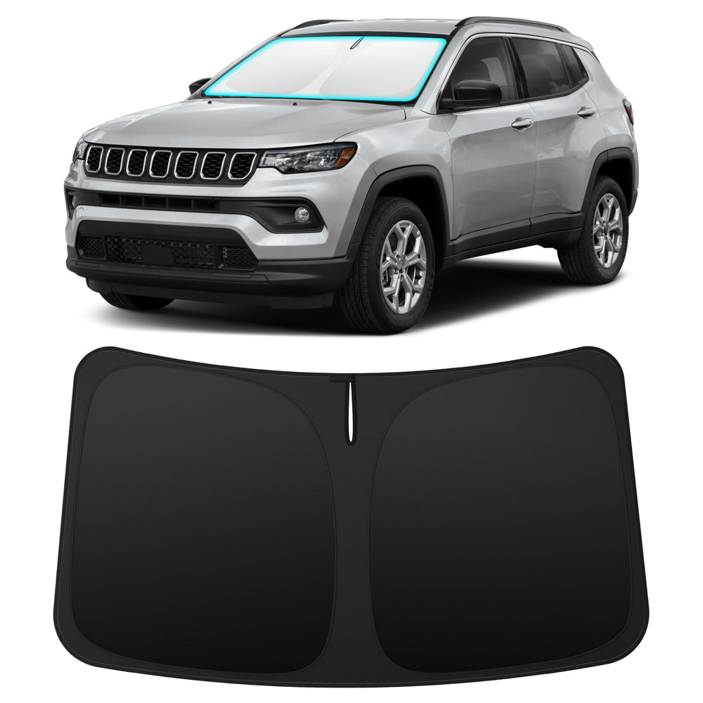 INSAUTO front view of sun shade fitted to Jeep Compass windshield protecting interior