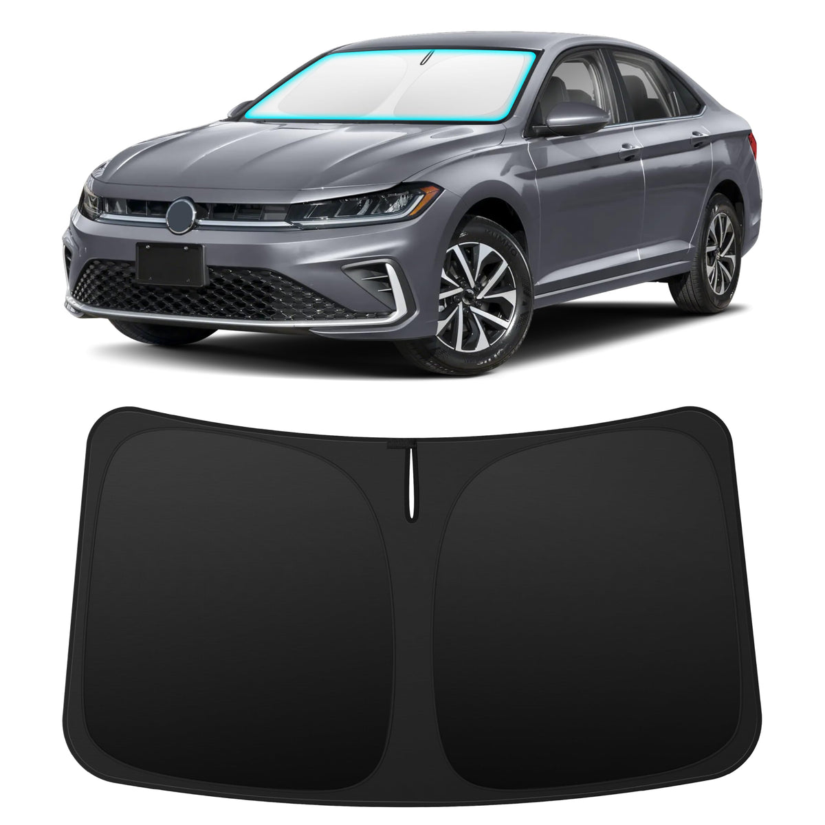 INSAUTO front view of sun shade showing perfect Jetta windshield fit and immediate sun blocking benefit
