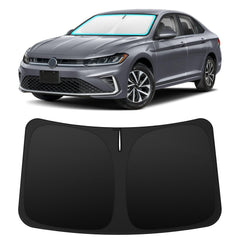 INSAUTO front view of sun shade showing perfect Jetta windshield fit and immediate sun blocking benefit