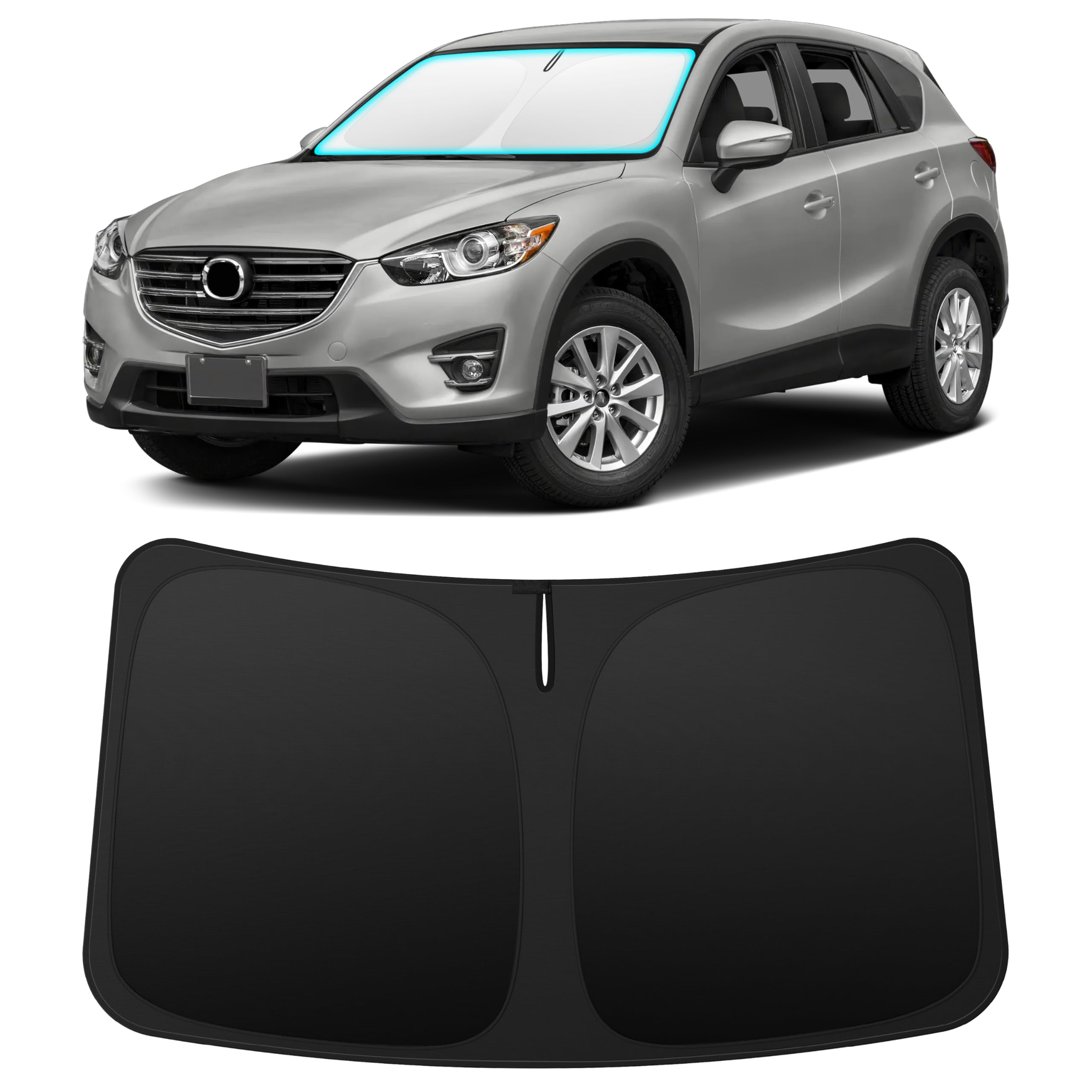 INSAUTO front view installed on Mazda CX-5 showing full windshield coverage and sun reduction