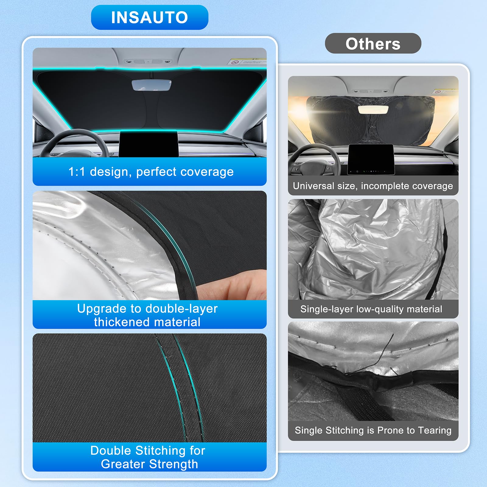 INSAUTO laying shade across windshield illustrating precise fit and full coverage