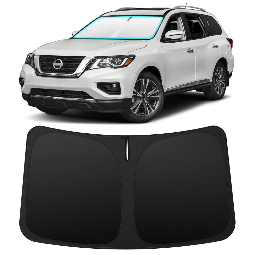 INSAUTO front view sunshade fitted in Pathfinder windshield showing full coverage and protection