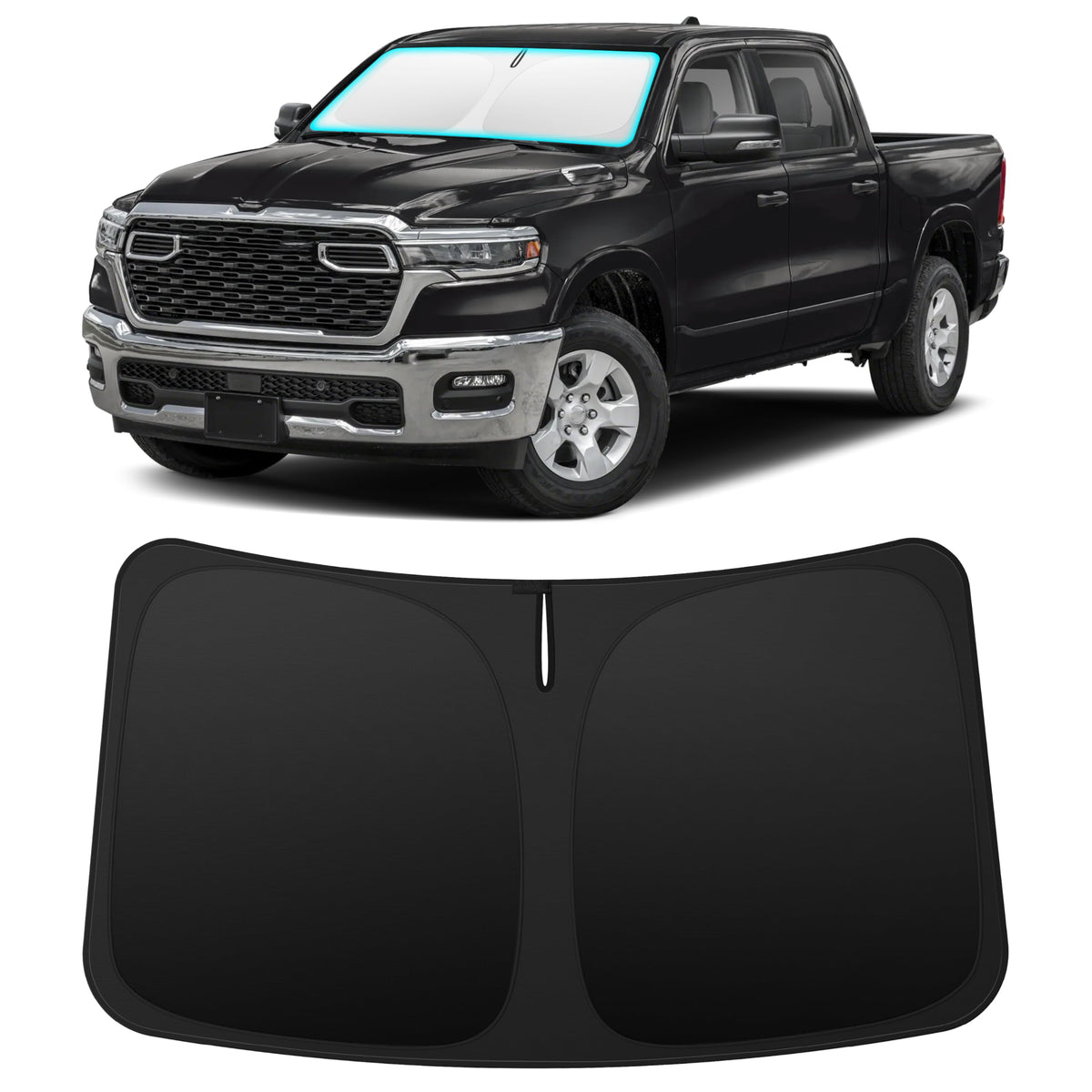 INSAUTO sun shade front view fitted to RAM 1500 windshield for full coverage protection