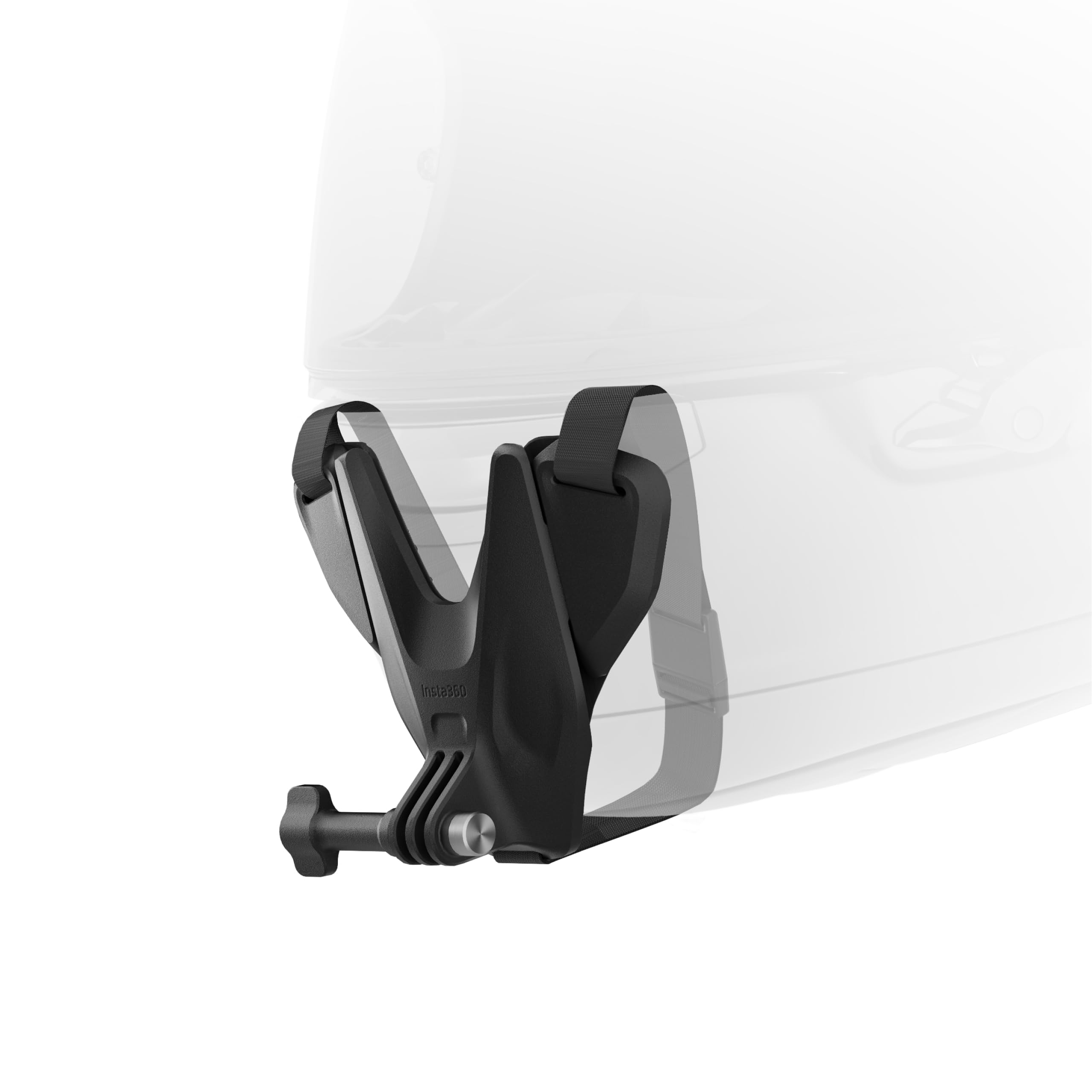 Insta360 chin mount front view showing secure clamp and three-prong connector benefit of stable POV