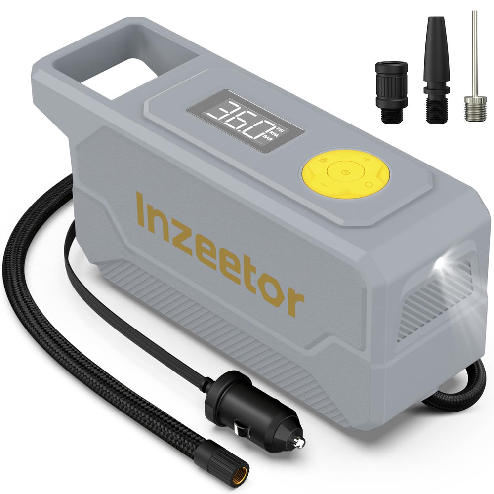 inzeetor front view of gray inflator showing compact design and portability