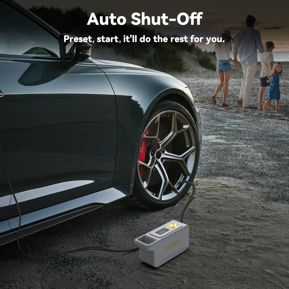inzeetor connected to car tire inflating quickly at roadside convenience