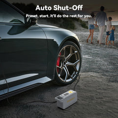 inzeetor connected to car tire inflating quickly at roadside convenience