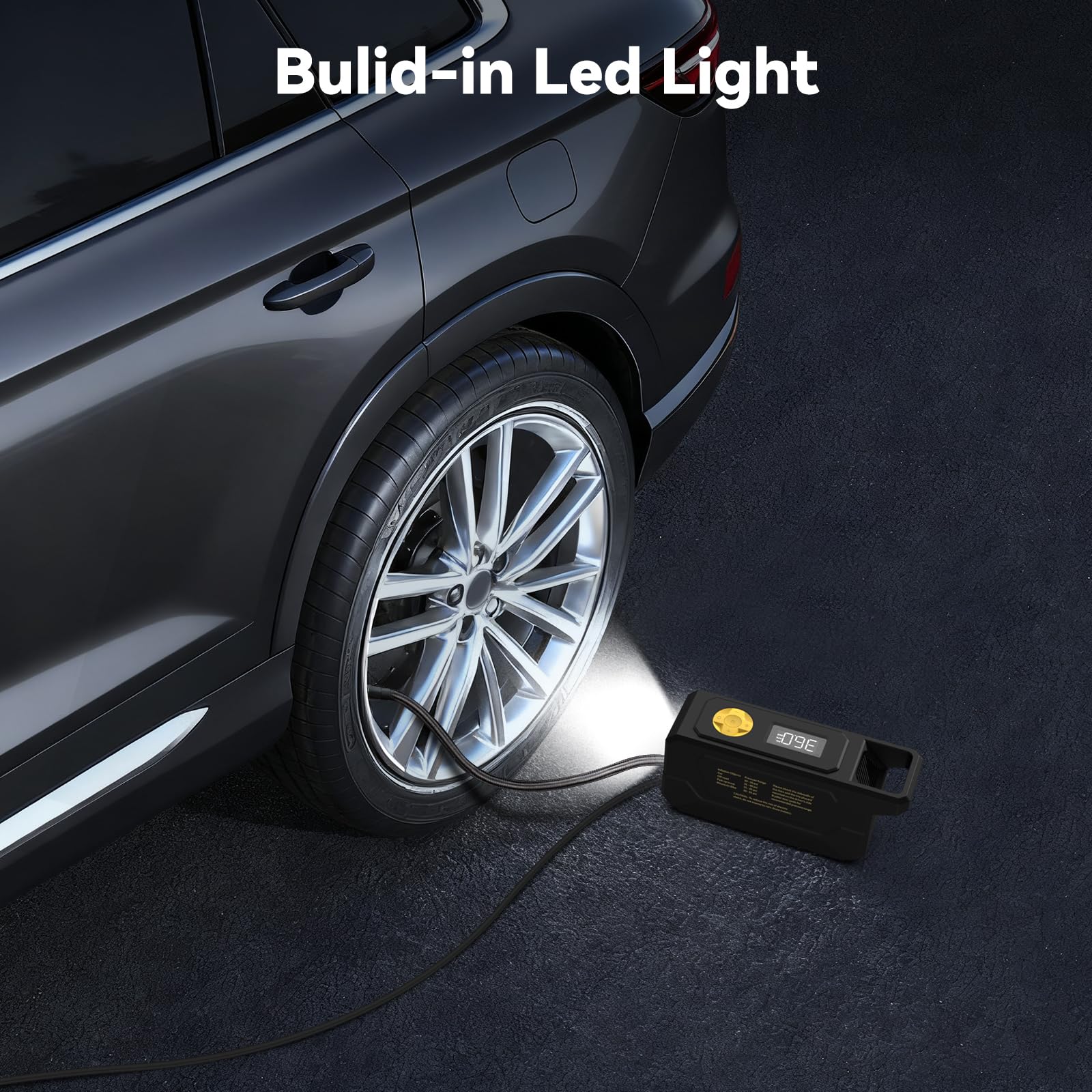 inzeetor inflating car tire in driveway showing quick roadside inflation convenience
