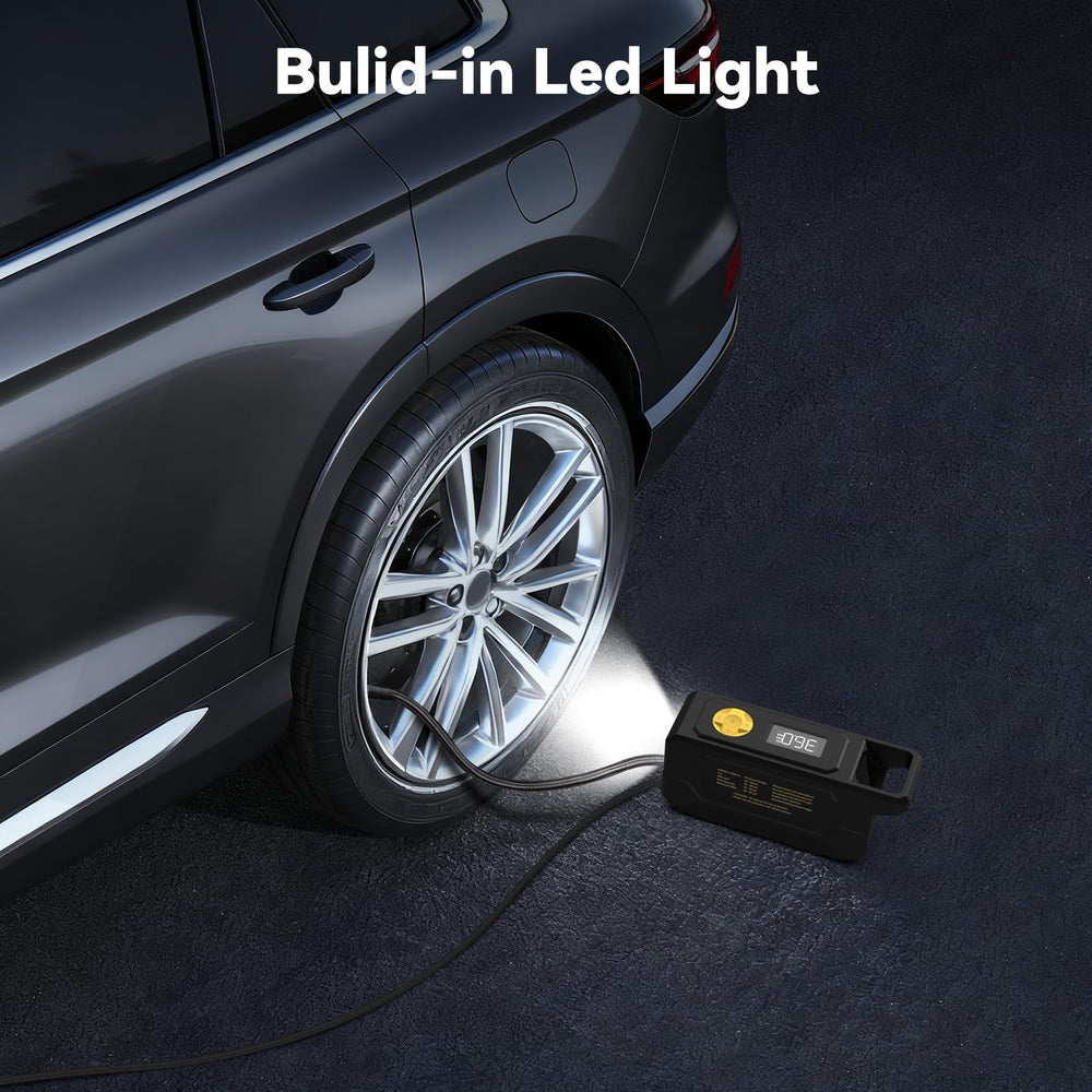 inzeetor inflating car tire in driveway showing quick roadside inflation convenience