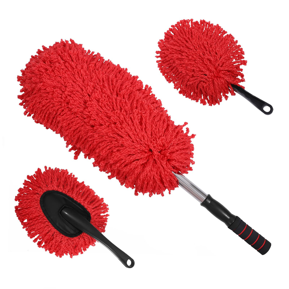 IPELY three-pack front view showing red microfiber heads and handles for easy storage