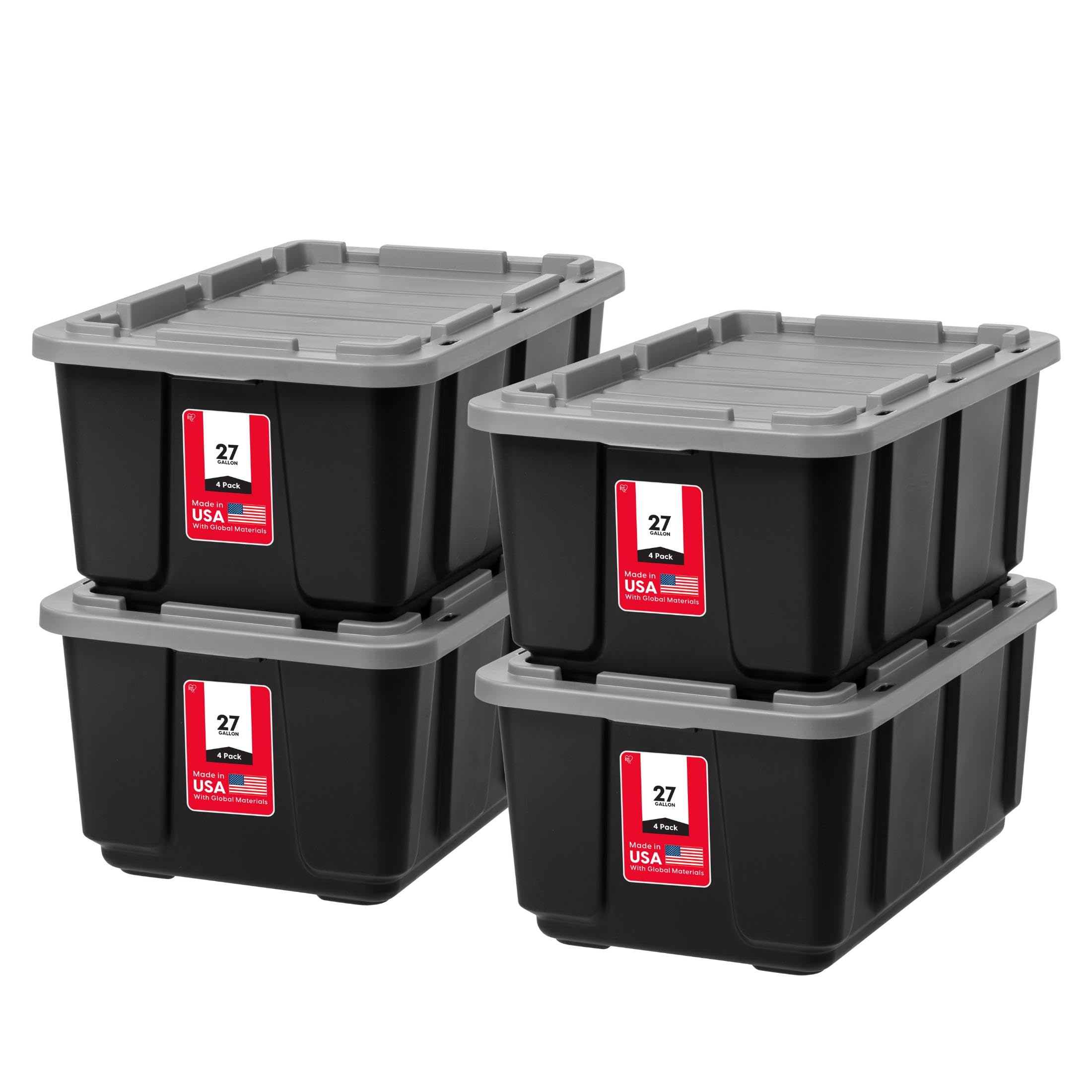 IRIS USA front view of four gray totes showing lids and capacity benefit