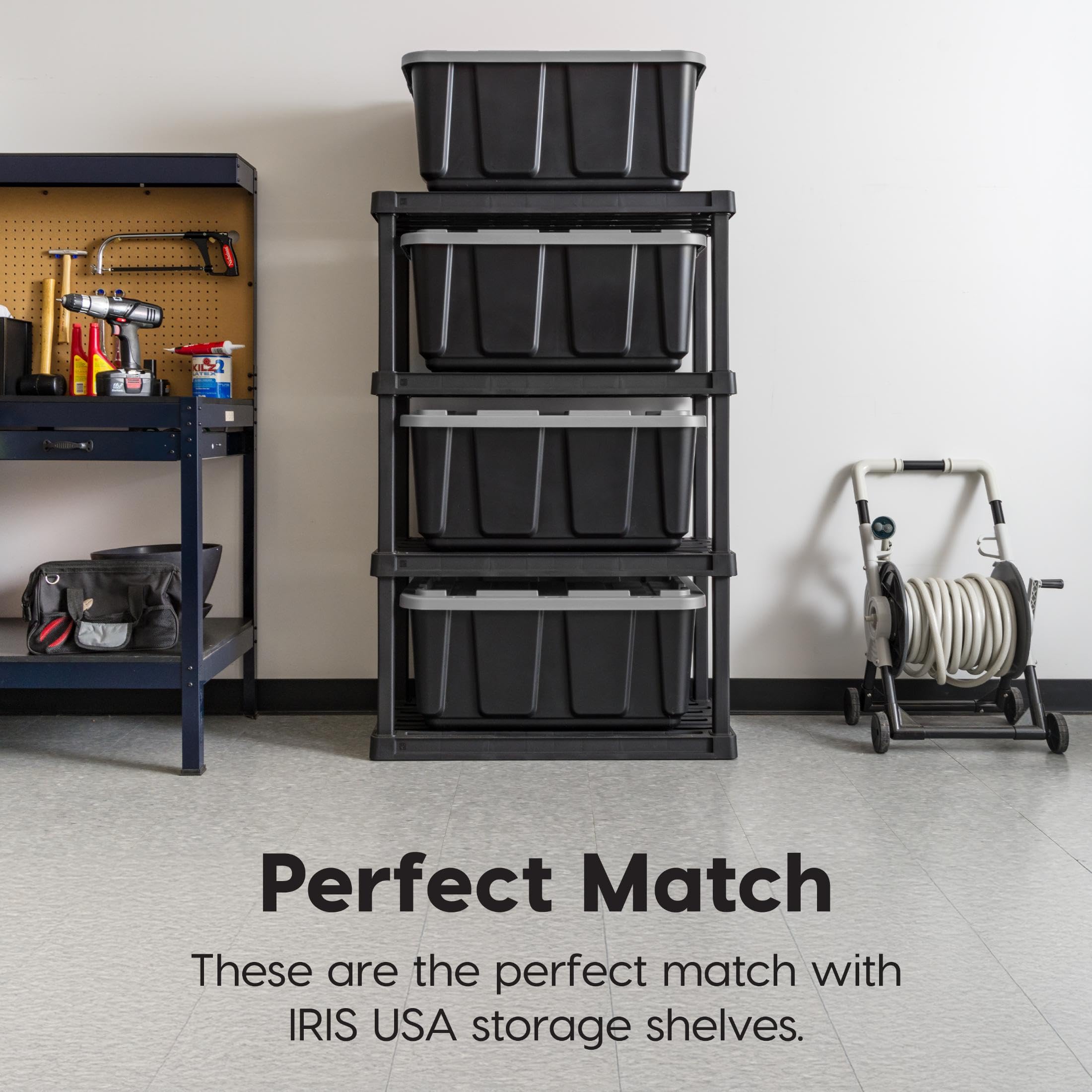 IRIS USA stacked totes in garage providing space-saving organization benefit