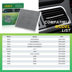 iRKY cabin air filter activated carbon closeup highlighting media, benefits odor adsorption