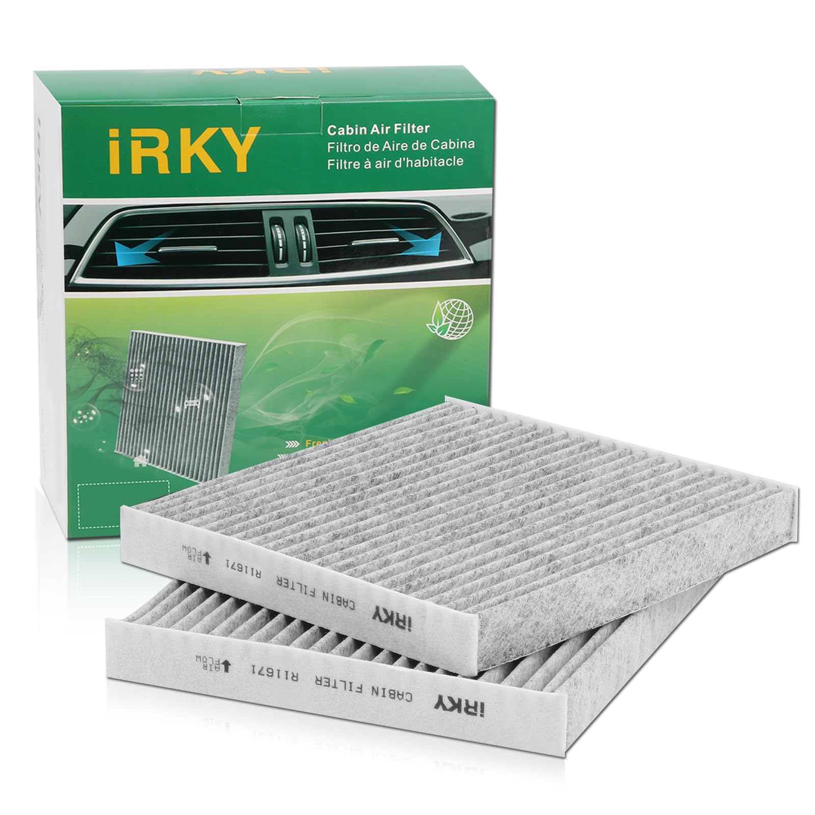 iRKY cabin air filter front packaging showing product and two-pack, benefits quick replacement