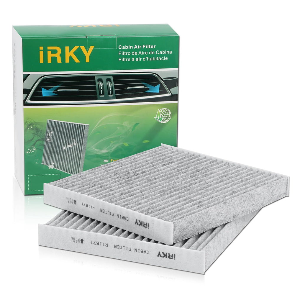 iRKY cabin air filter front packaging showing product and two-pack, benefits quick replacement